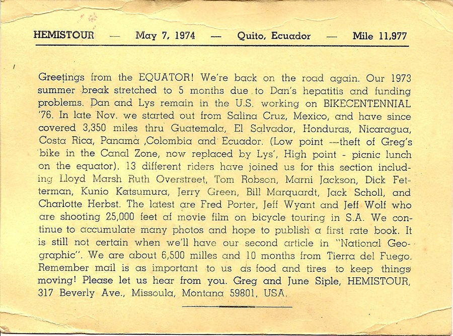Yellow postcard with printed text and no images telling the reader that Greg and June are in Quito, Ecuador.