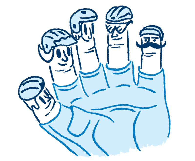 Drawing of a hand in a fingerless bike glove. Each finger has a human head in a helmet.
