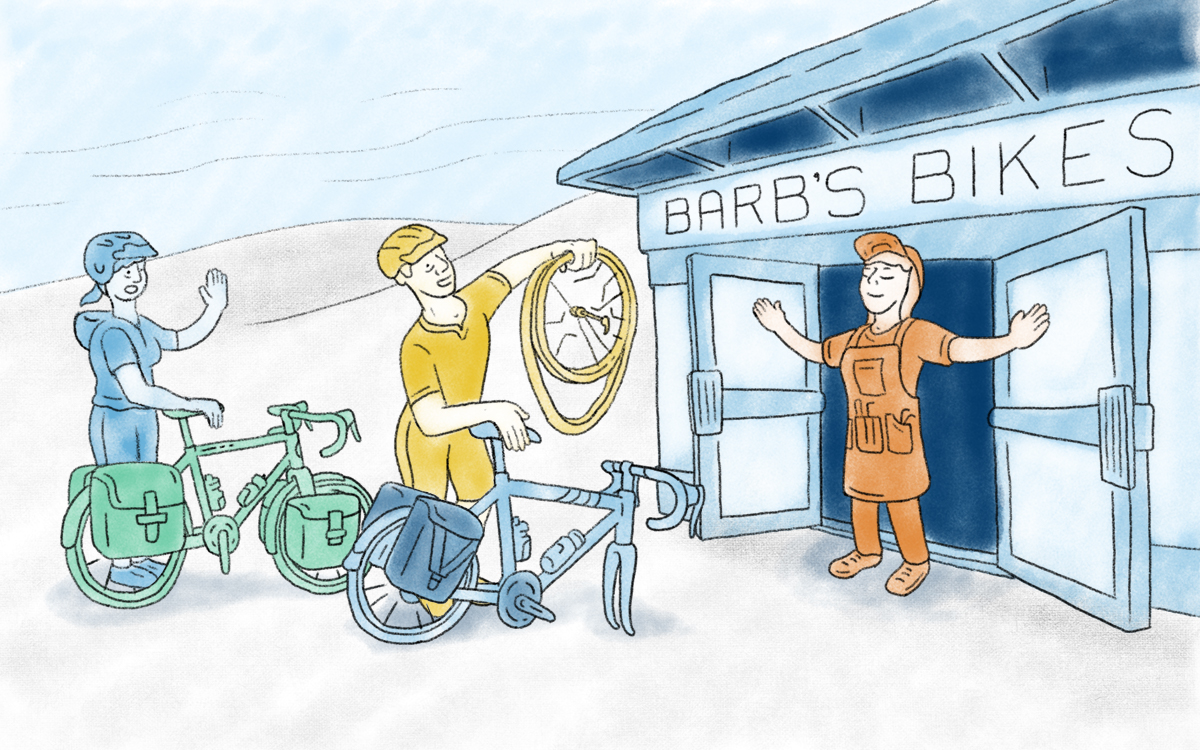 Riders in need of repair at bike shop.