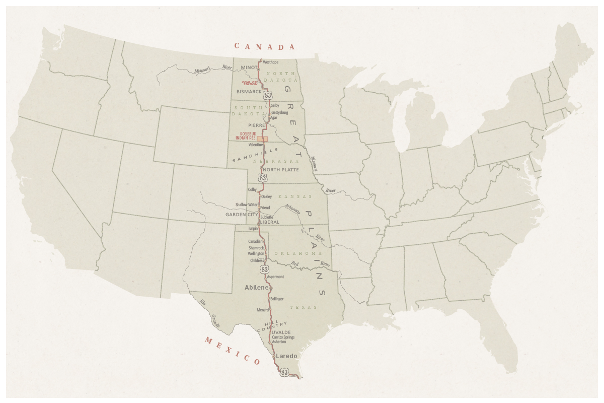 Amy Wally made this map of a bicycle touring route from Texas to North Dakota