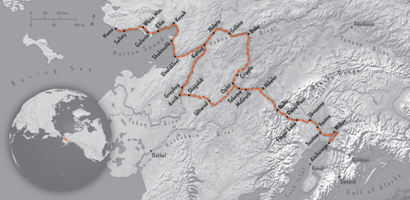 Map of the Iditarod bicycle route that Katie Newbury took.