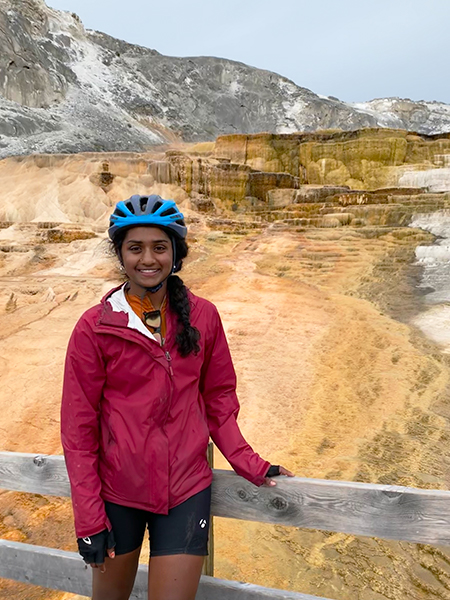 Anisha in Yellowstone National Park on her bike tour