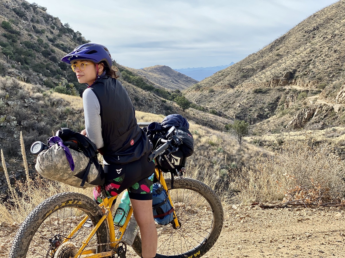 Diana Sacks with her bike on the Baja Divide