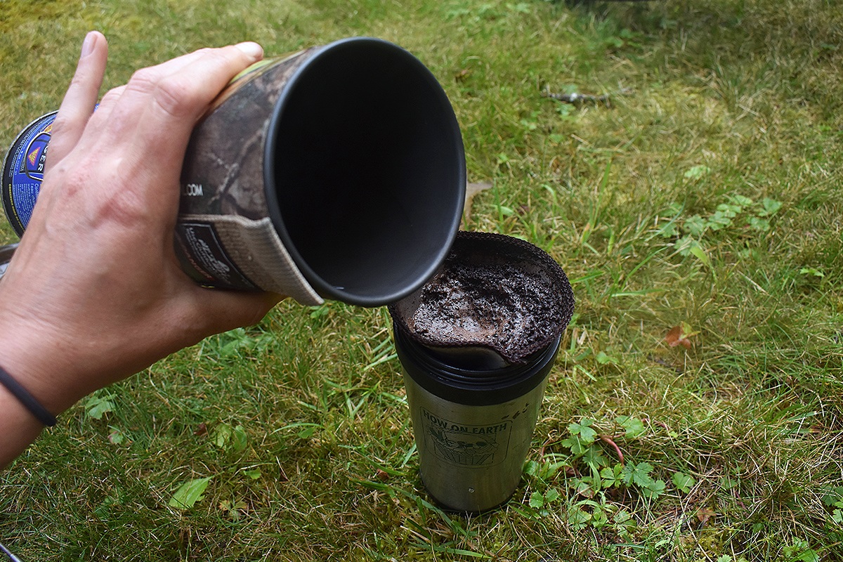 Camp coffee made with a reusable coffee filter and a jet boil 
