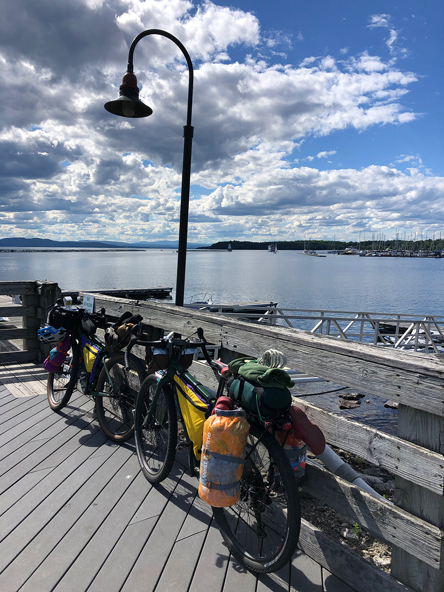 The bikes on the dock at Lake Champlain