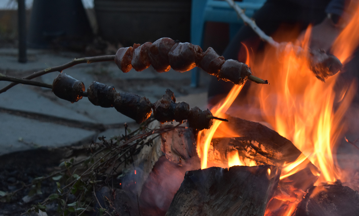 A group cooks meat and vegetables on sticks over a wood fire.