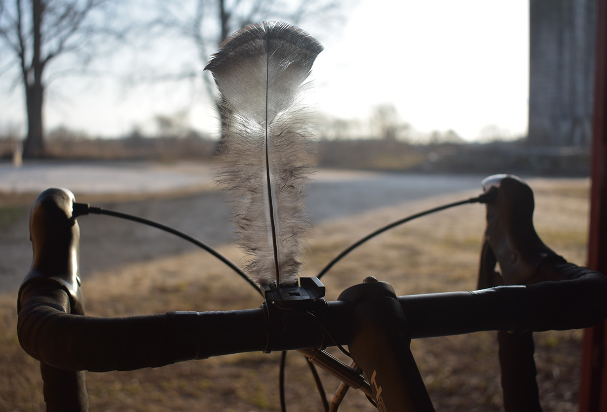 Image shows a gray, backlit feather stuck in the handlebars of a bike. The bike sits in the opening of a garage in winter.