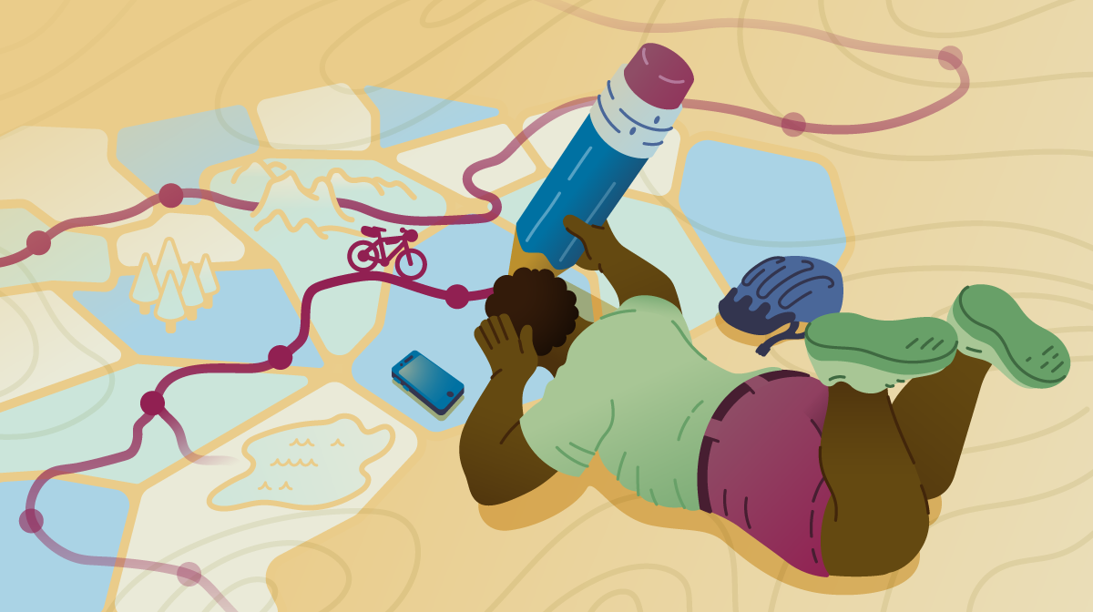 Illustration shows a small person with a big pencil and a huge map, making a line across the map that represents route creation.