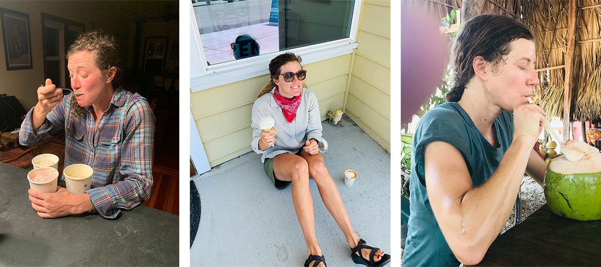 Three photos showing Hollie, a curly-haired white woman, very much enjoying ice cream on different occasions. 