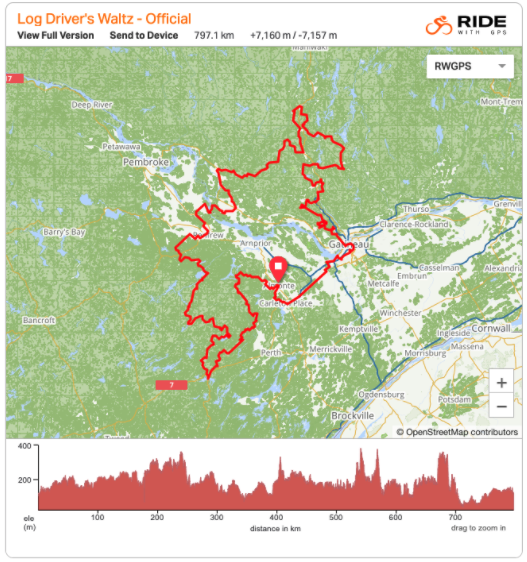A screenshot of the route on Ride with GPS with the elevation profile.