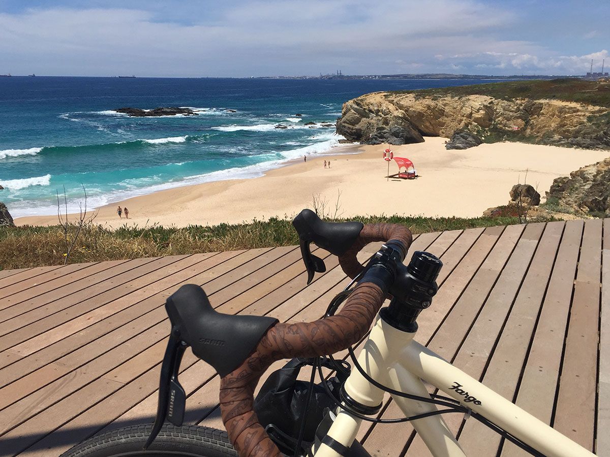 Hollie's bike stands on a boardwalk next to a sandy beach, blue ocean, and rocky surrounds.