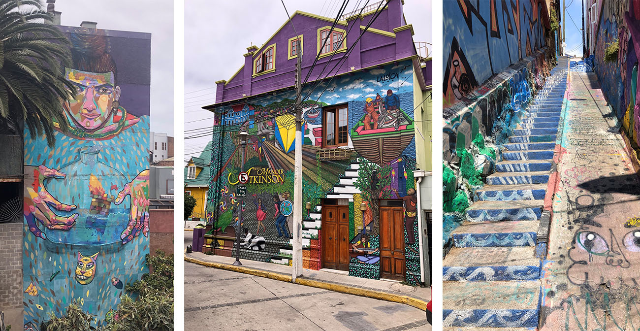 Three photos of Valparaiso street art are lined up next to each other. Each piece of art is a continuous mural on a building or in tight city stairways.