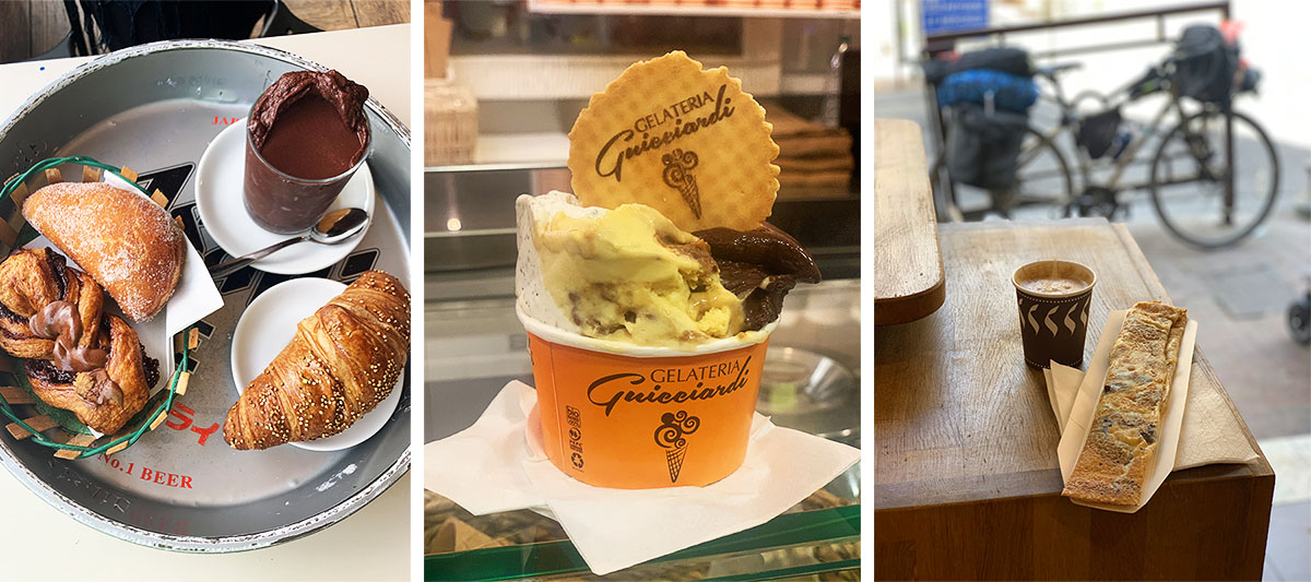 Three images showing a few of the things Gina ate, one of gelato and two of very delicious looking pastries.