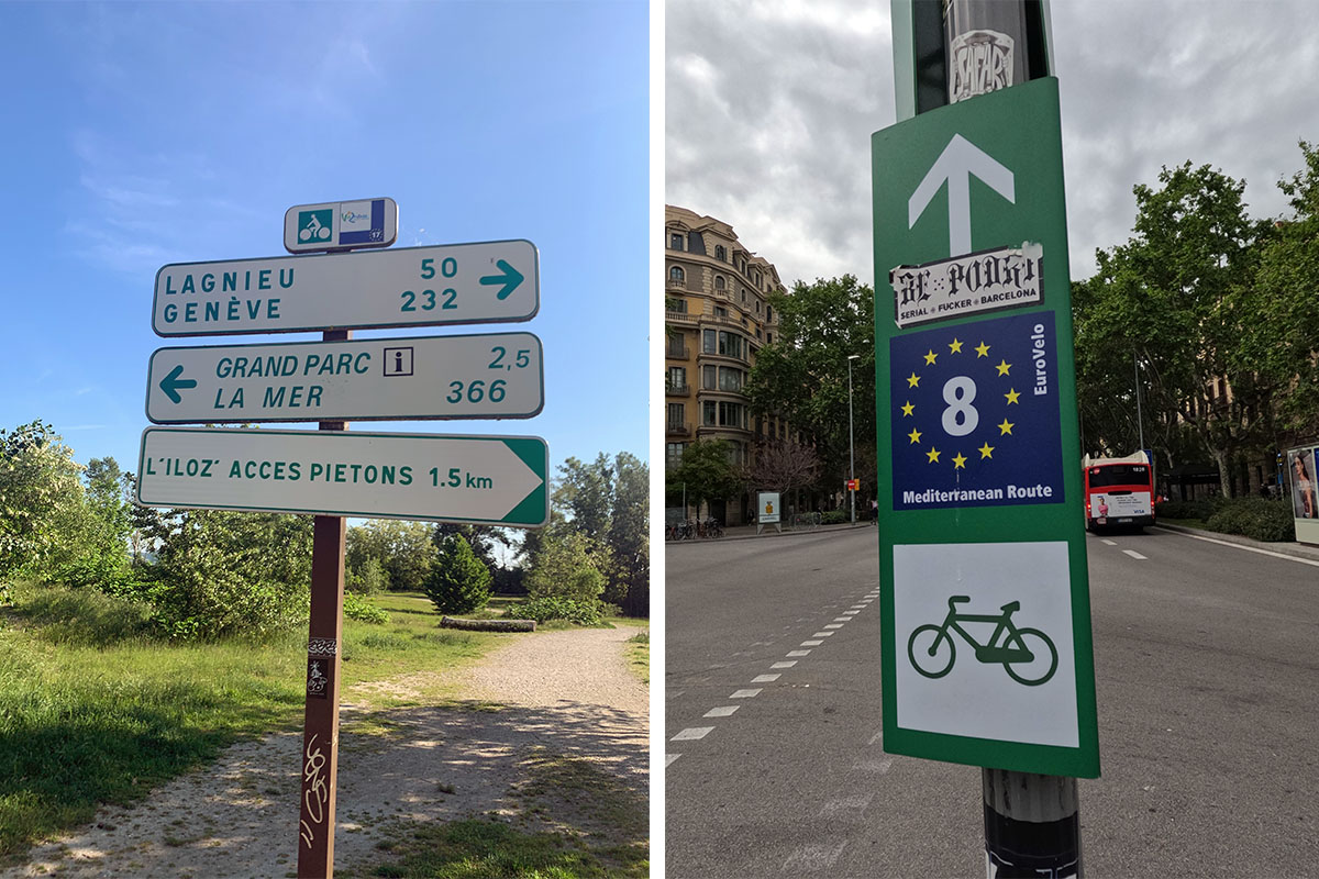 Two photos showing the Eurovelo signage along different parts of Gina's route.