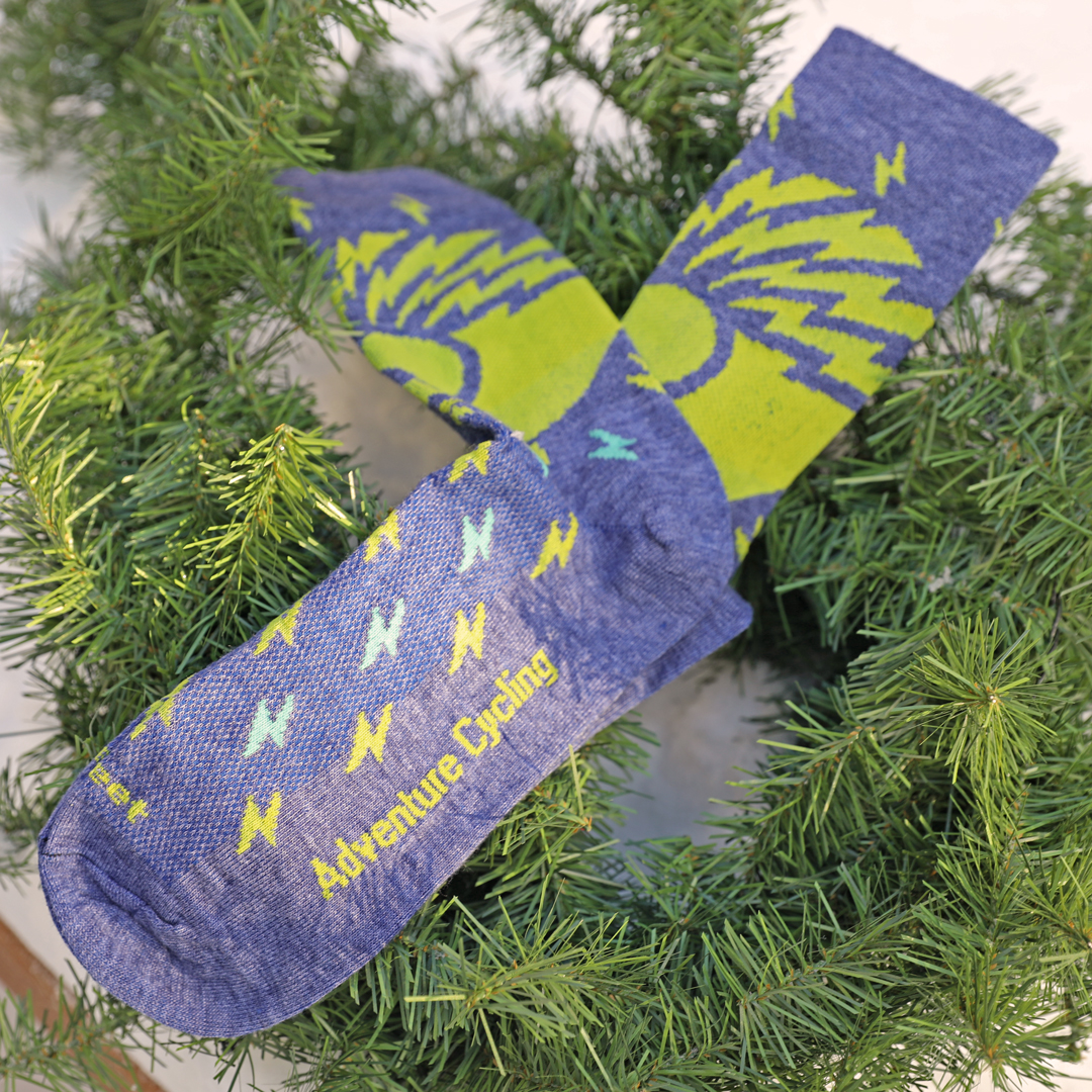 Defeet socks with logo and lightning bolts in fake greenery and snow