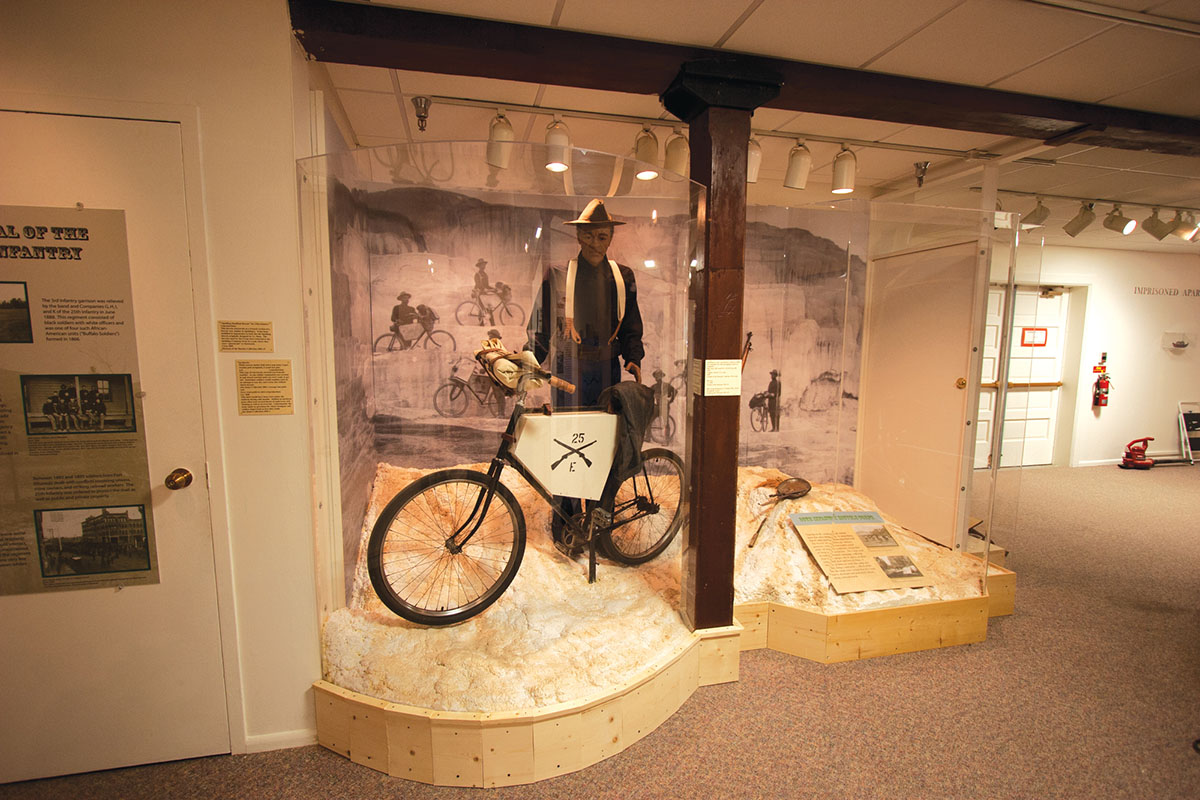 A display of what bicycle the Buffalo soldiers rode complete with a frame bag.