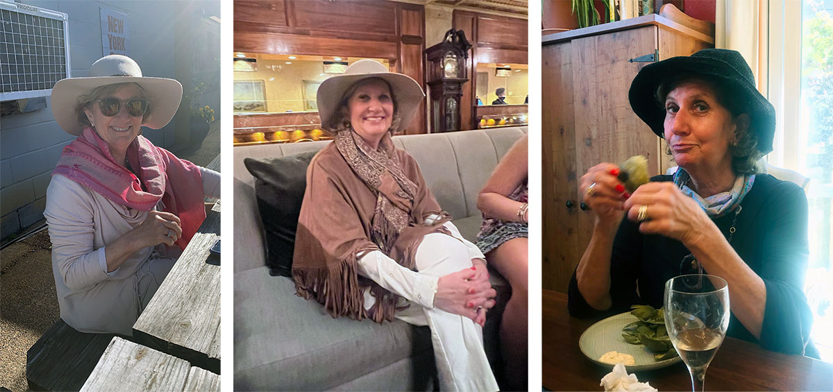 Three photos of Hollie's mom showcasing her matching hats and scarves.