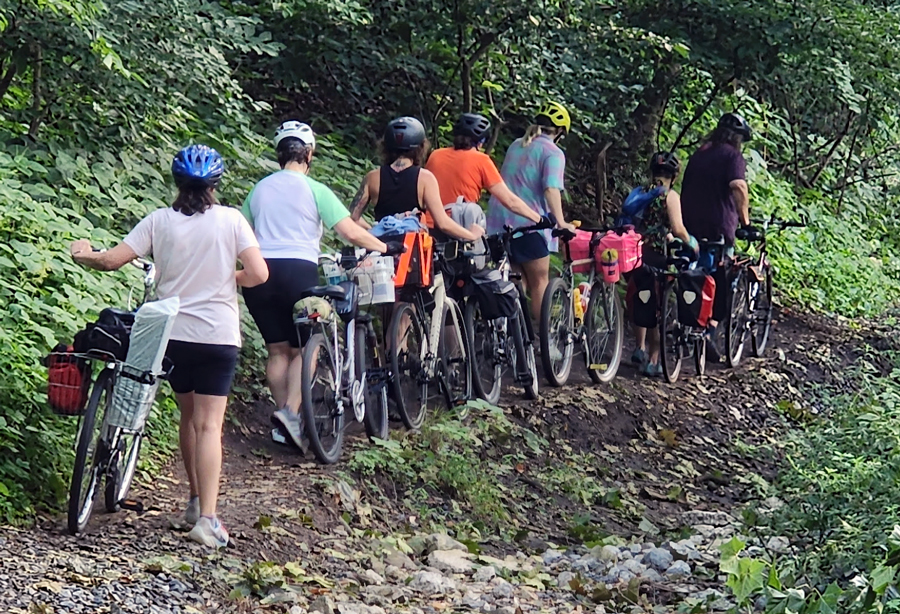 a group of women pushing bikes along a path 