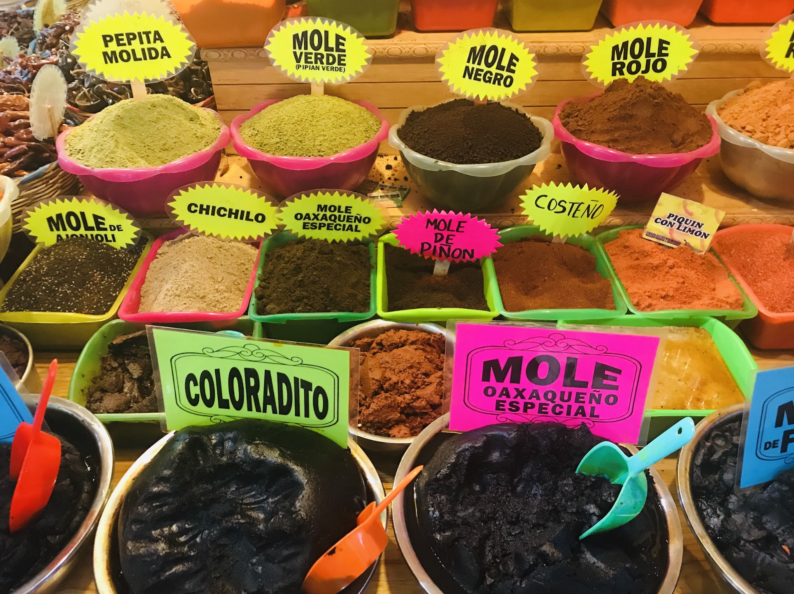 different spices in baskets 