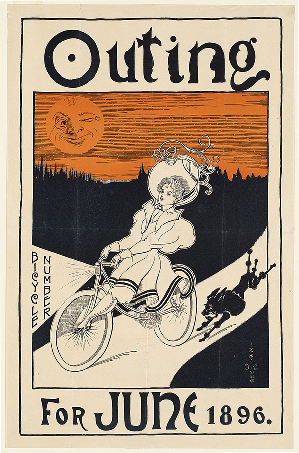 Cover of the magazine Outing for June 1896 with a drawing of a white woman in a big hat riding a bicycle looking elated, followed by a dog, and under a winking moon