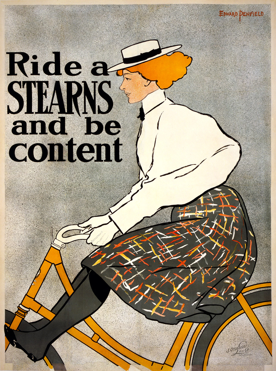 An ad for Stearn's bicycles. A red-haired woman rides a bike in a skirt. Text: Ride a Stearns and be content.