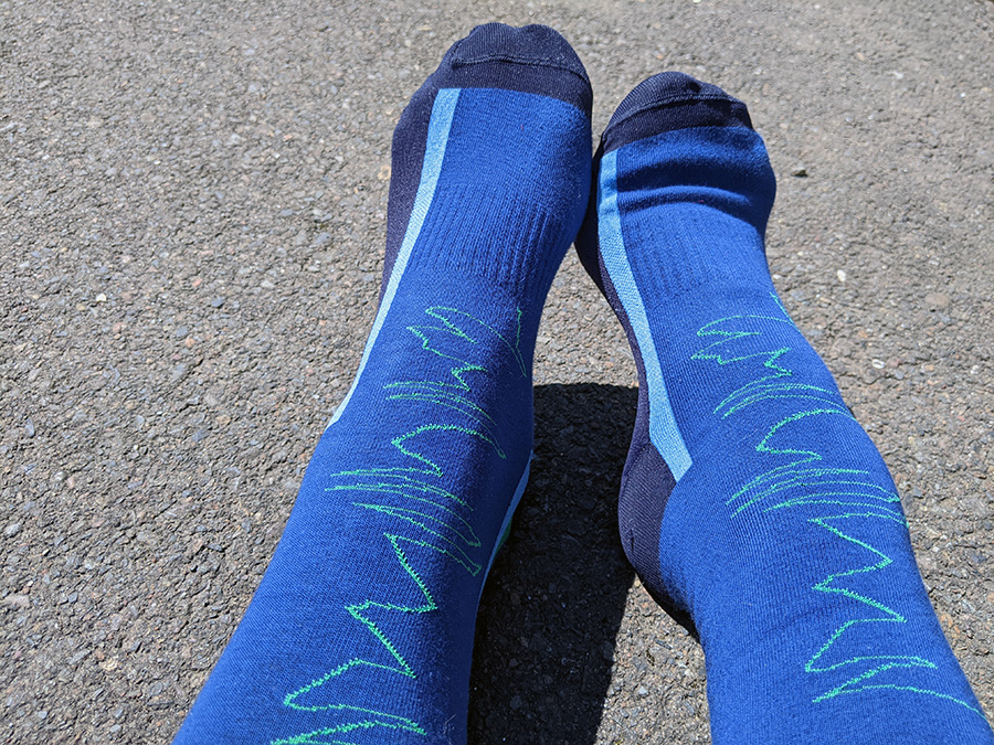 Feet wearing blue QEJA socks