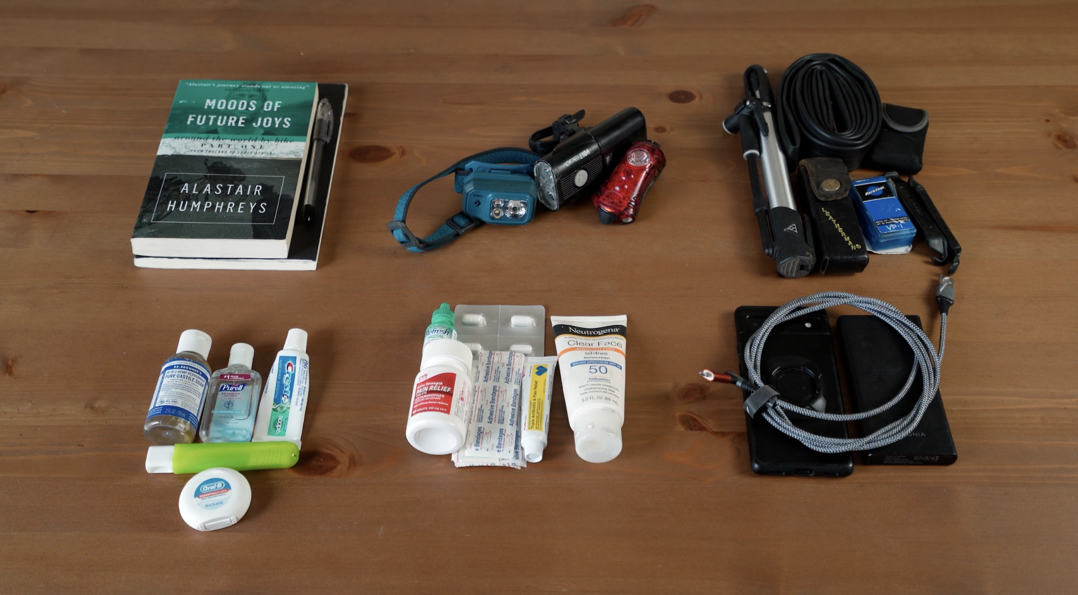 a pile of small gear items for a bike tour
