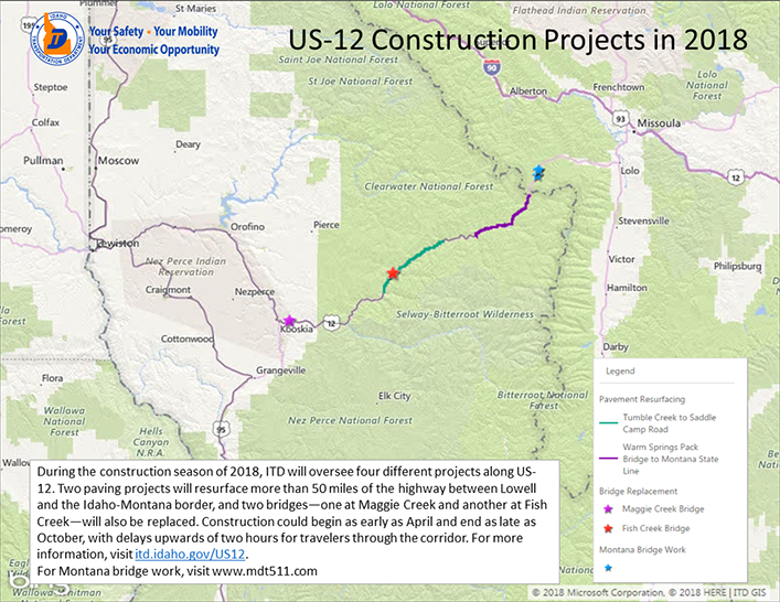 Highway construction status on U.S. Highway 12 and Adventure Cycling's Transamerica Trail in Idaho.