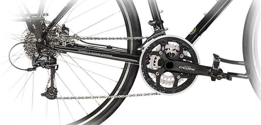 A detailed image of the drivetrain on the Trek 520.
