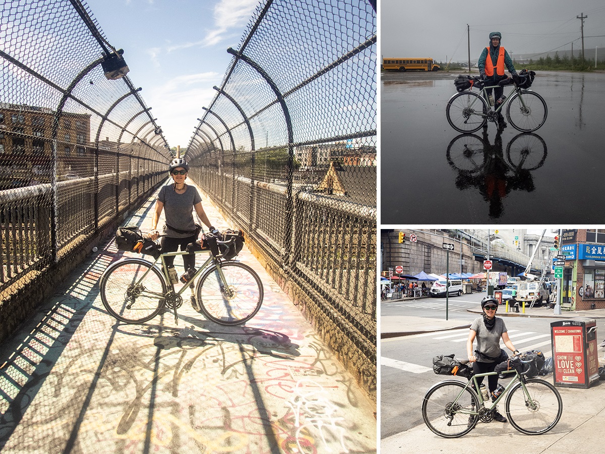 Three images of Kaisa, a white woman with very short hair, standing behind her bicycle: on a bridge, on a busy city sidewalk, and in the pouring rain in a deserted parking lot.