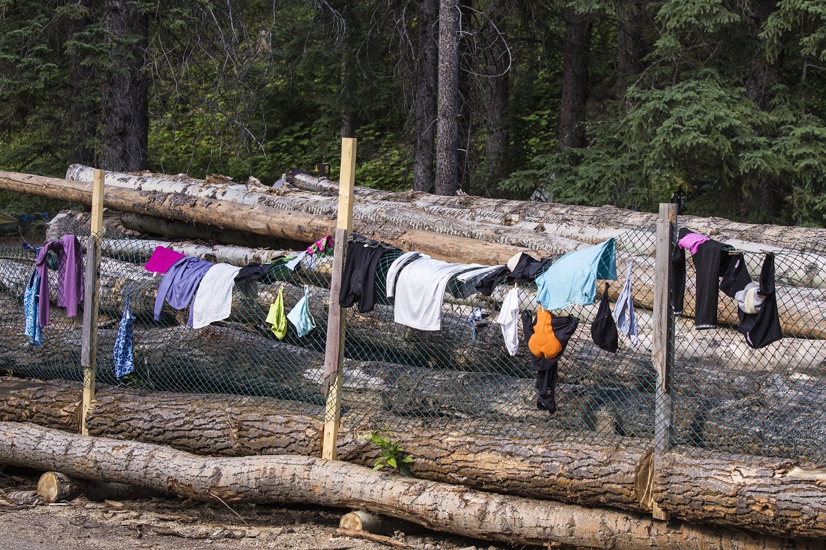 Hanging washed clothes to dry while on bicycle tour