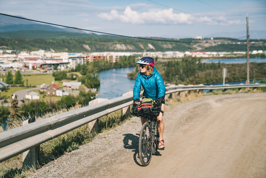 Elsa Sebastian rides through Whitehorse in Yukon, Canada