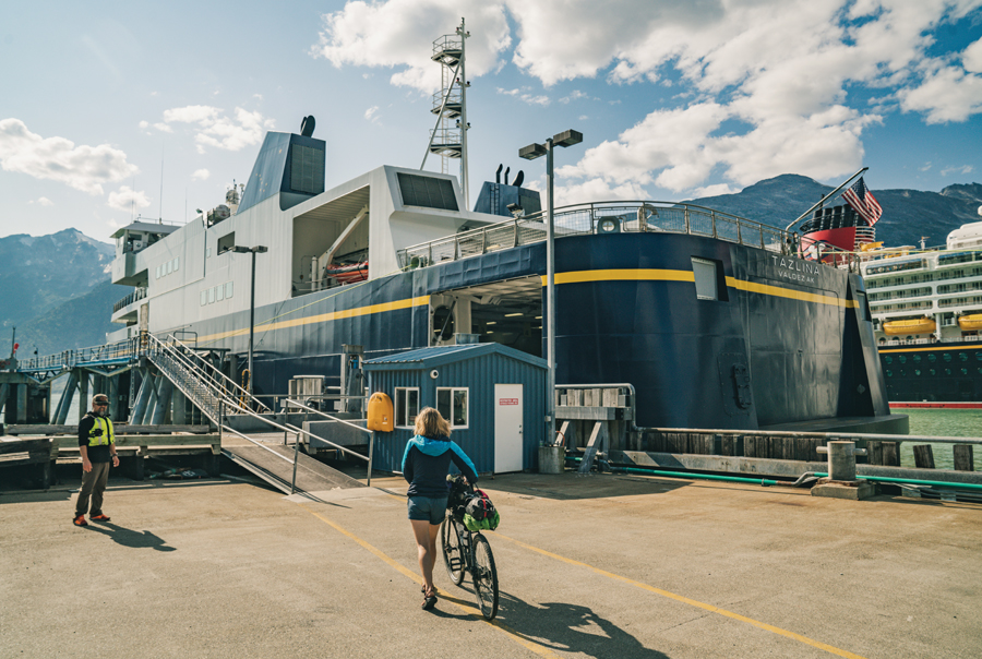 Elsa Sebastian boards the Alaska State Ferry at the end of her bicycle tour.