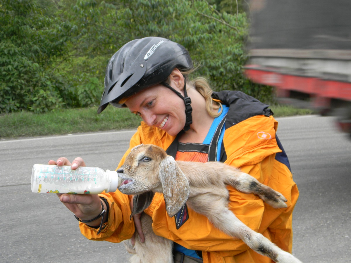 Laura feeds a baby goat from a bottle on a roadside in Colombia.