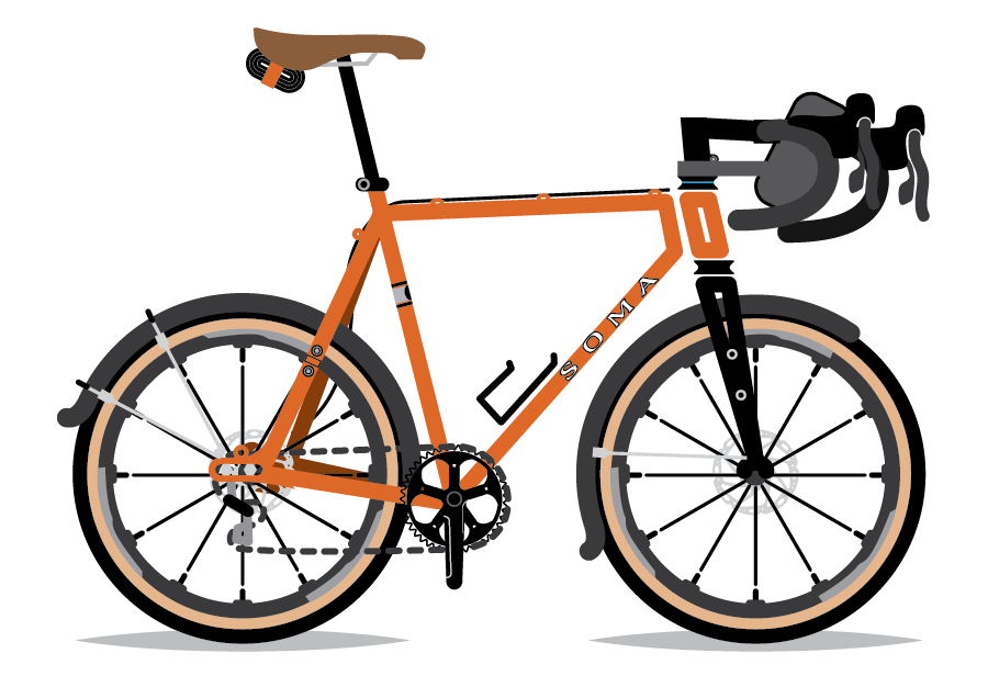 An illustration of Alex Strickland's bicycle, a Soma Wolverine. By Bicycle Crumbs.