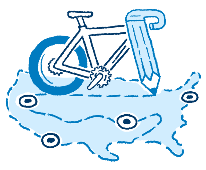 Drawing of a bicyle on a United States map. Fork of bicycle is a pencil.