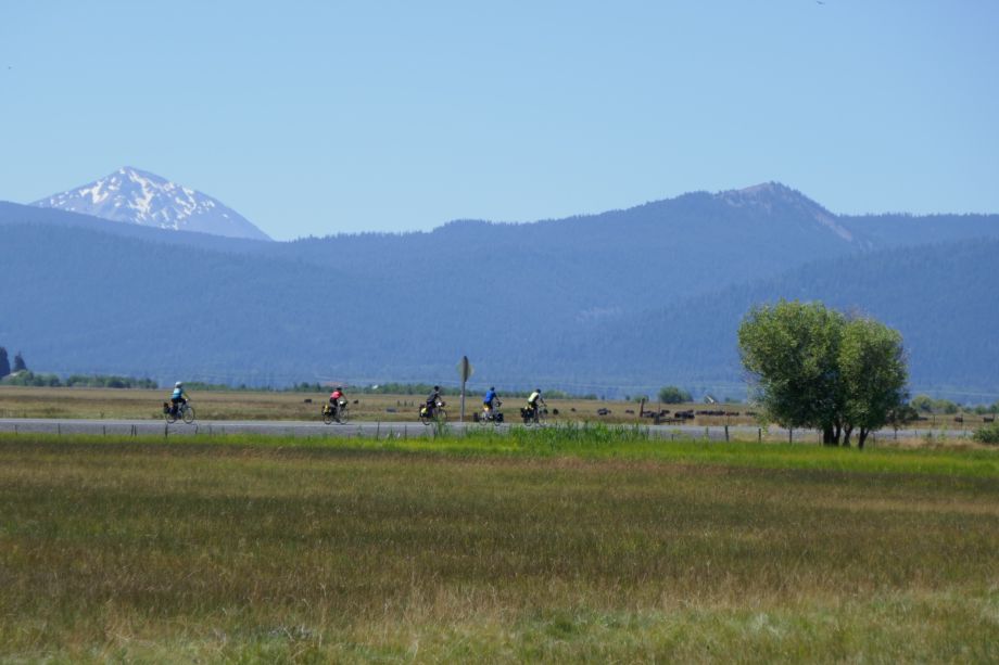 A group of cyclists bike on a hazy day.