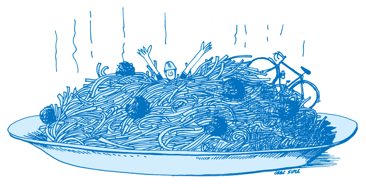 Illustration of a cyclist in a giant plate of spaghetti.