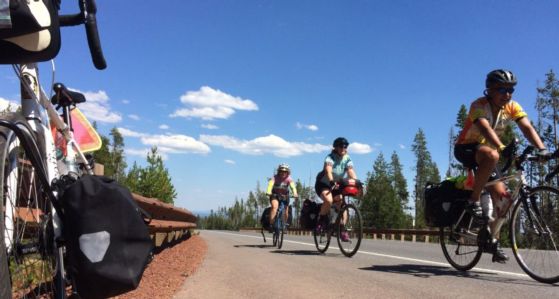 Several cyclists riding on loaded bikes.