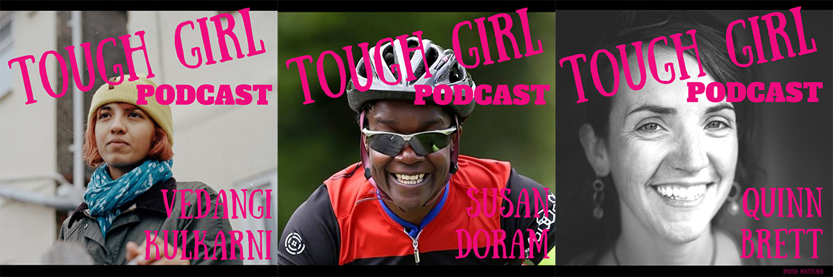 Three images from the podcast are lined up in a row, featuring three women and their names: Vendangi Kulkarni, Susan Doram, and Quinn Brett