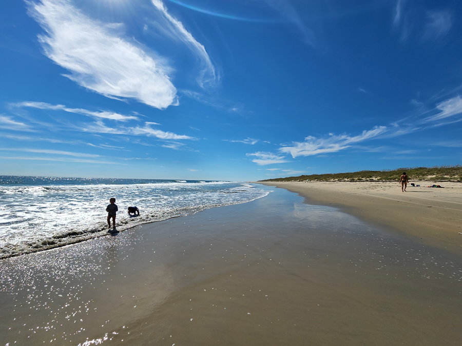 A child plays on a sunny beach near the water.