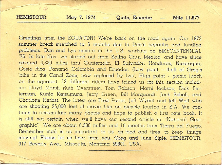 Yellow postcard with printed text and no images telling the reader that Greg and June are in Quito, Ecuador. 