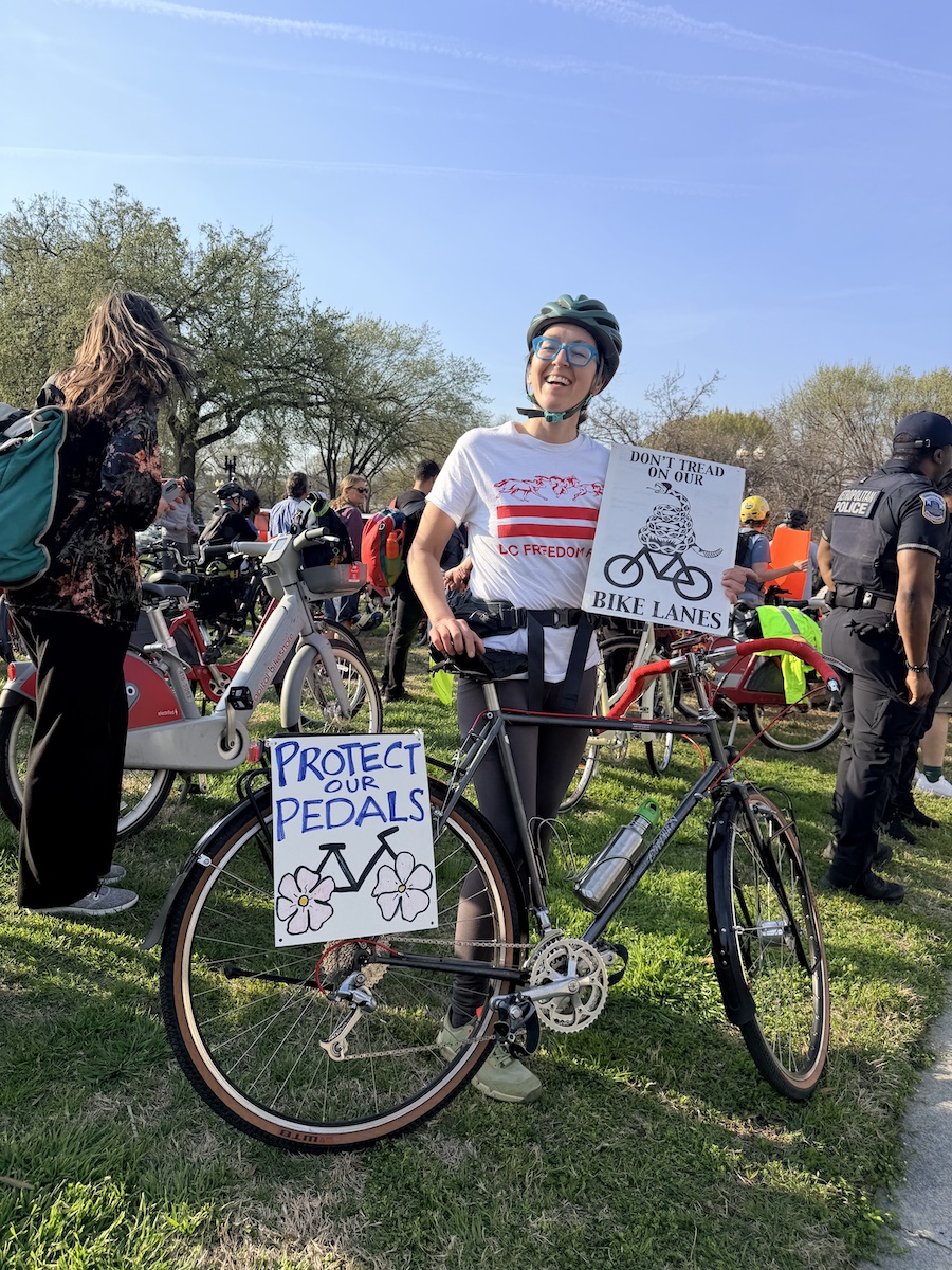 A protester supporting the protection of bike lanes in Washington, D.C.