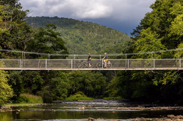 Bikers crossing suspension bridge