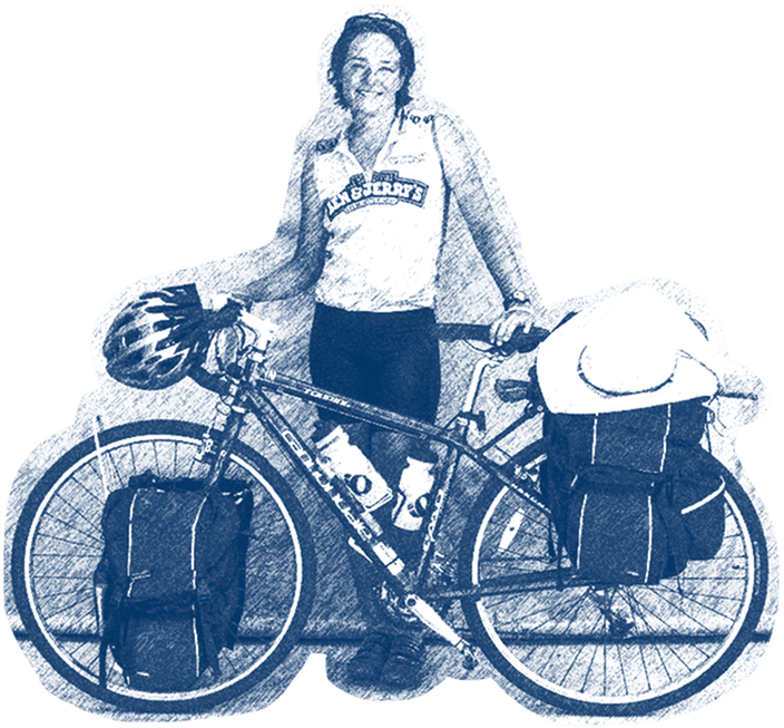 Drawing of Carolyn Lewis with her bike